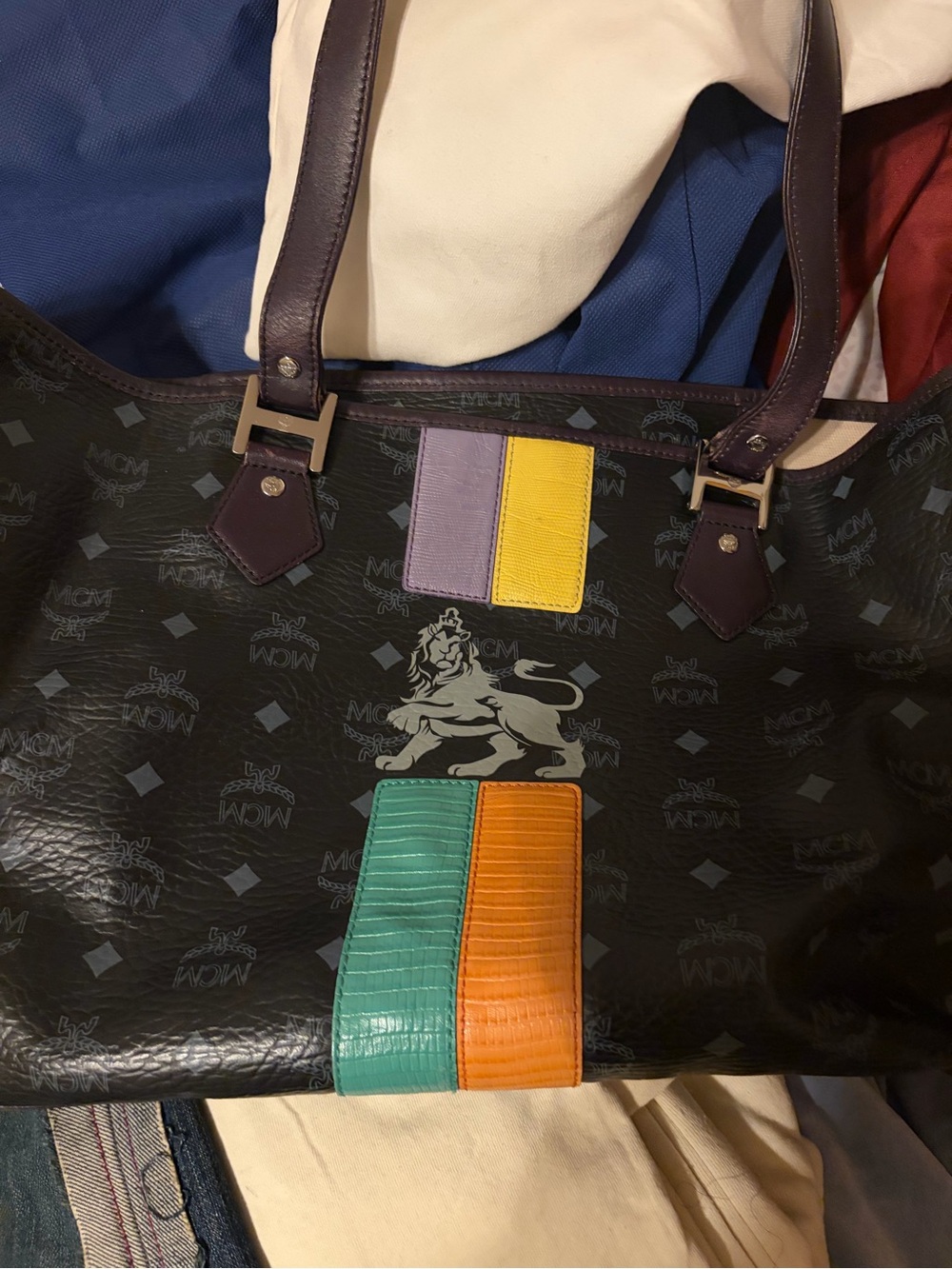 MCM Black Leather Tote with Teal, Orange, Purple and Yellow Accents
